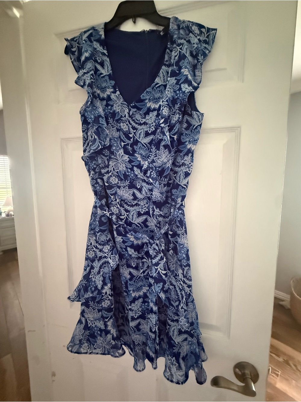 Leslie Fay Blue Floral Ruffle Midi Dress